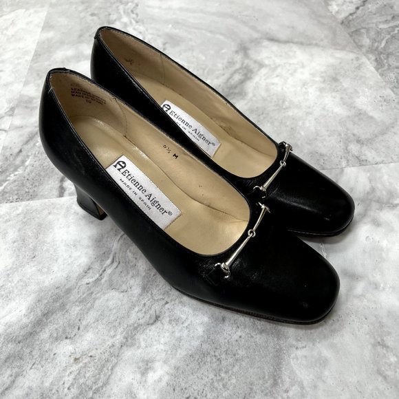 Vintage Etienne Aigner Horse Bit Size 5.5 Black Pumps Block Heel‎ Career - Picture 1 of 8